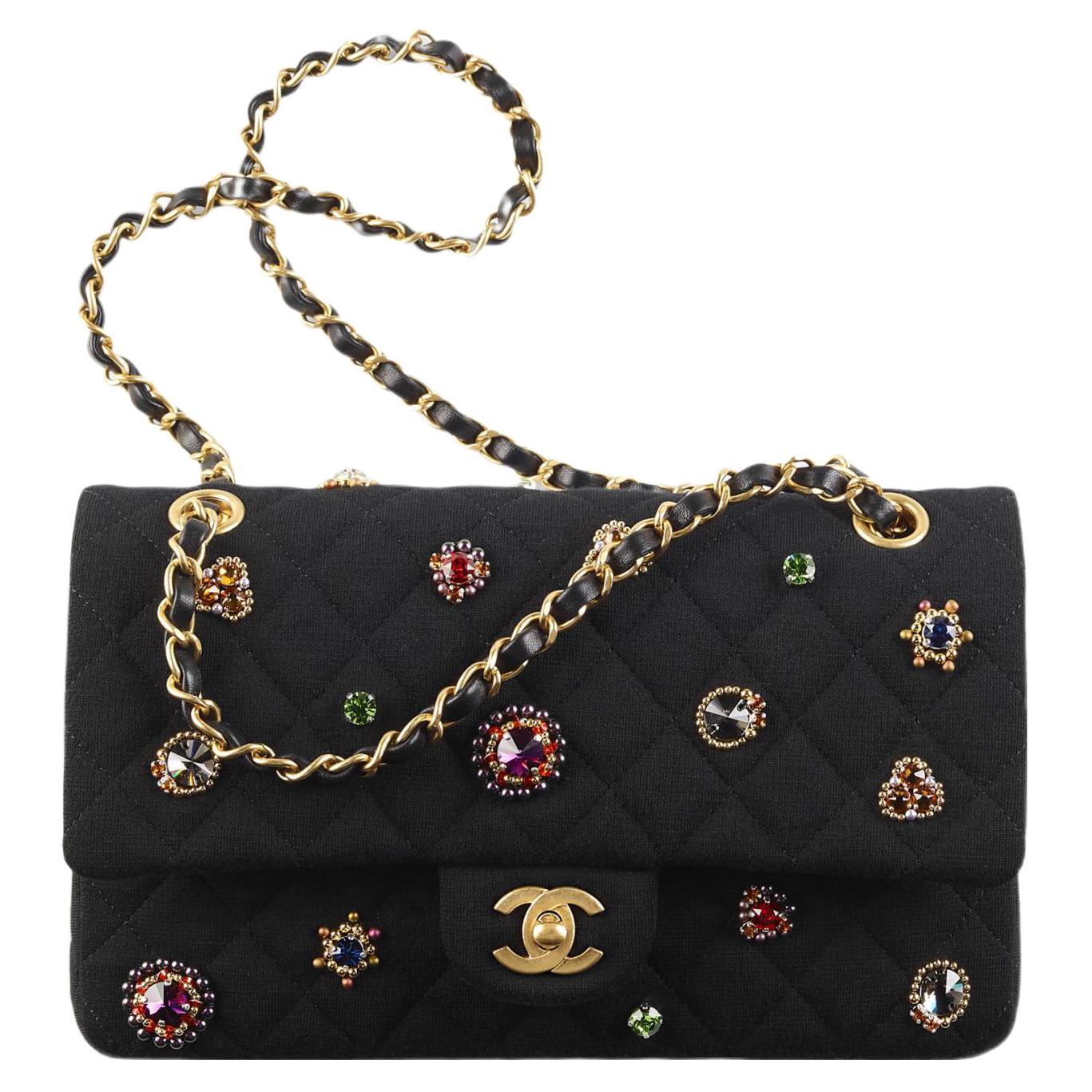 CHANEL Classic Flap CF Embroidery Jersey Knitted Fabric Rhinestone Glazed Pearls Sequins With Gold Metal Crossbody Bags