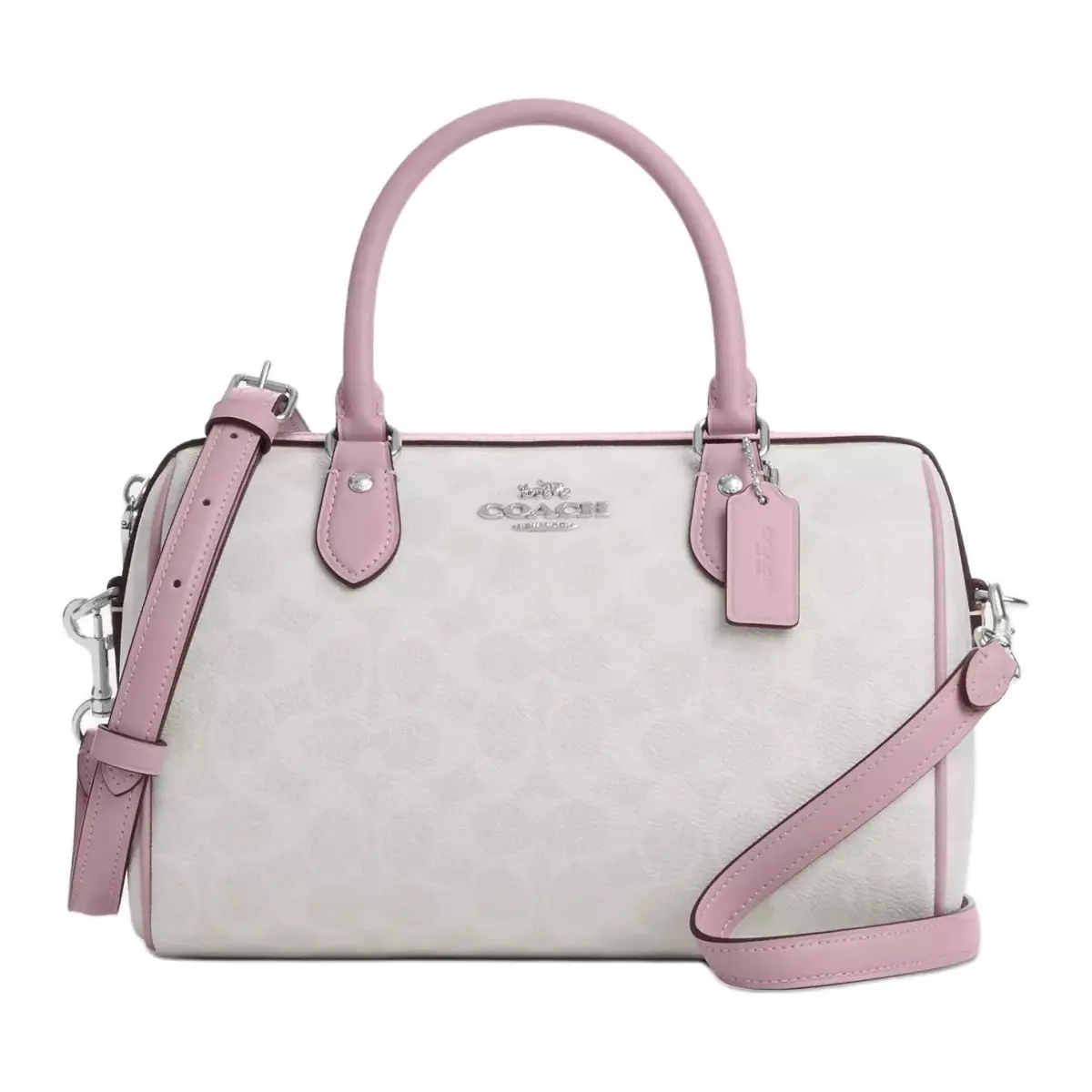 COACH Rowan Coated Canvas Boston Bag, One Shoulder Handbag Medium Women's Silver & White & Carnation