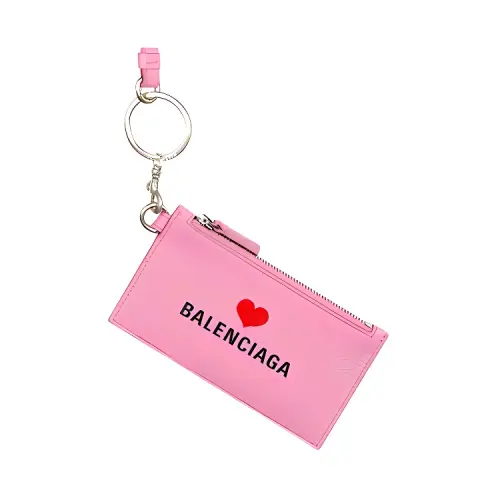 Balenciaga Key Ring Grain Cow Leather Card Holder Women's Pink