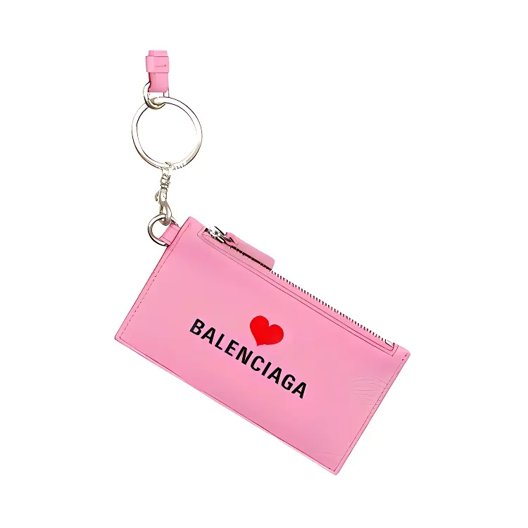 Balenciaga Key Ring Grain Cow Leather Card Holder Women's Pink