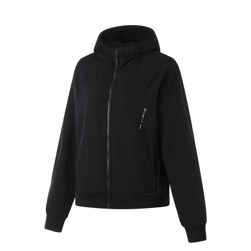 Li Ning Fitness Series Fleece Lined Thermal Hooded Cardigan Raglan Loose Fit Long Sleeved Sweatshirt Women's