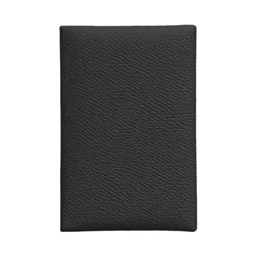 HERMES Calvi Silver Tone Buckle Epsom Calfskin Business Card Holder, Coin Purse, Wallet, Card Holder Women's Noir Black