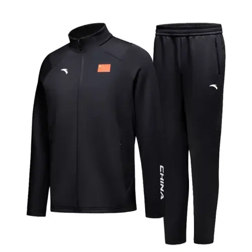 ANTA Casual Sportswear Men's Clothing Sets Basic Black Top+Basic Black Bottom Stand Collar Moderate