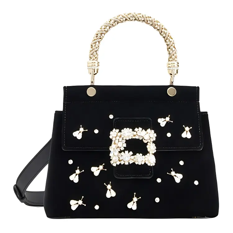 Roger Vivier Roger Vivier VIV Cabas Series Firefly Flower Diamond Velvet Shoulder Crossbody Handbag Mini Women's Black