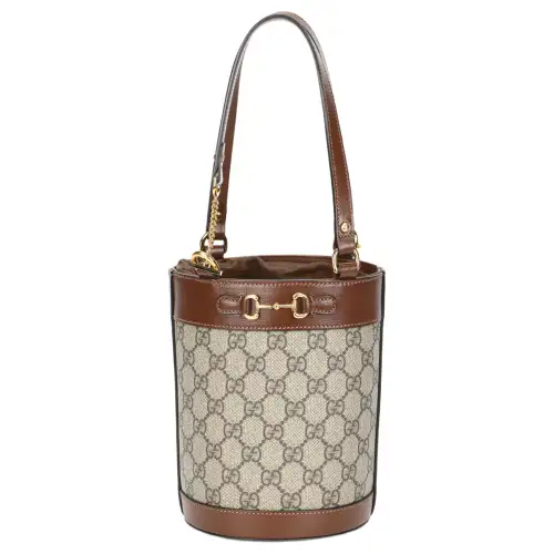GUCCI Horsebit 1955 Canvas With Leather Bucket Bag, Shoulder Bag Small Women's Ebony & Brown
