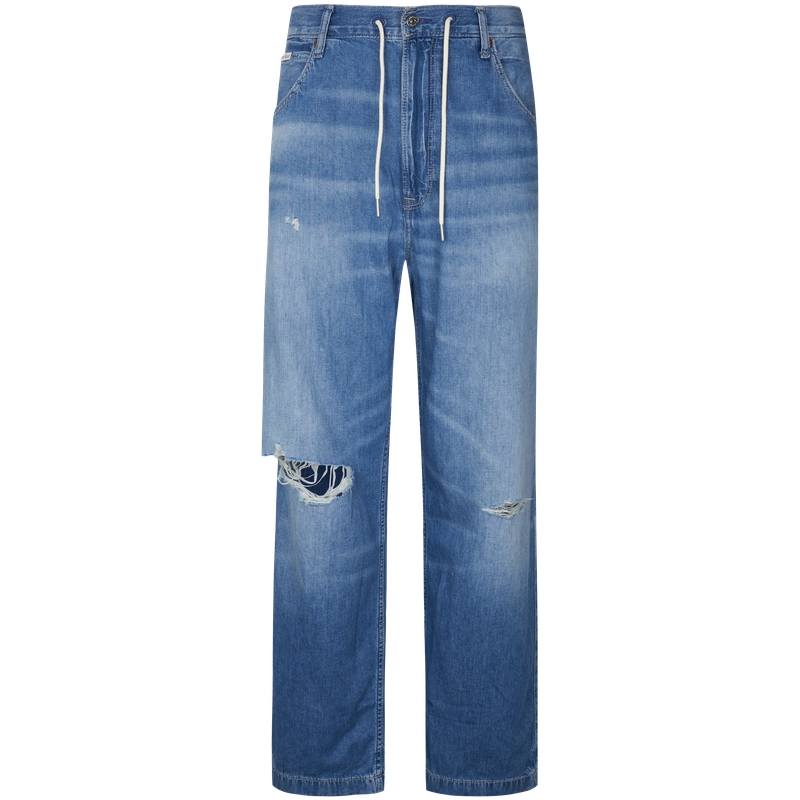 CALVIN KLEIN Jeans cotton linen retro semi-elastic drawstring waist ripped loose wide-leg jeans for men with gift box