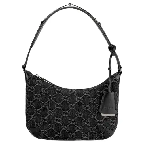 GUCCI Denim With Leather Binding Handbag, Shoulder Bag Small Women's Black & Gray