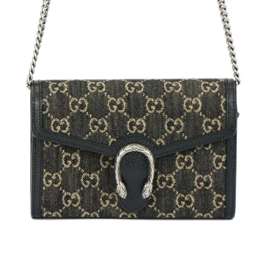 GUCCI Dionysus Denim Jacquard Fabric With Leather Chain Wallet, Crossbody Bag, Shoulder Bag Women's Black