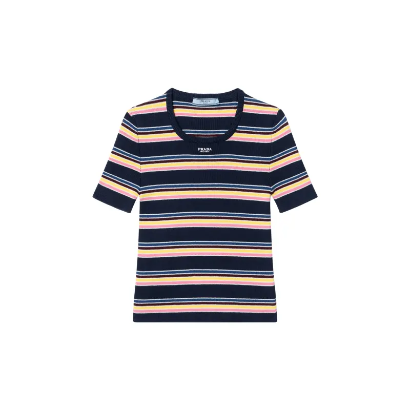 PRADA Striped Ribbed Crewneck Top