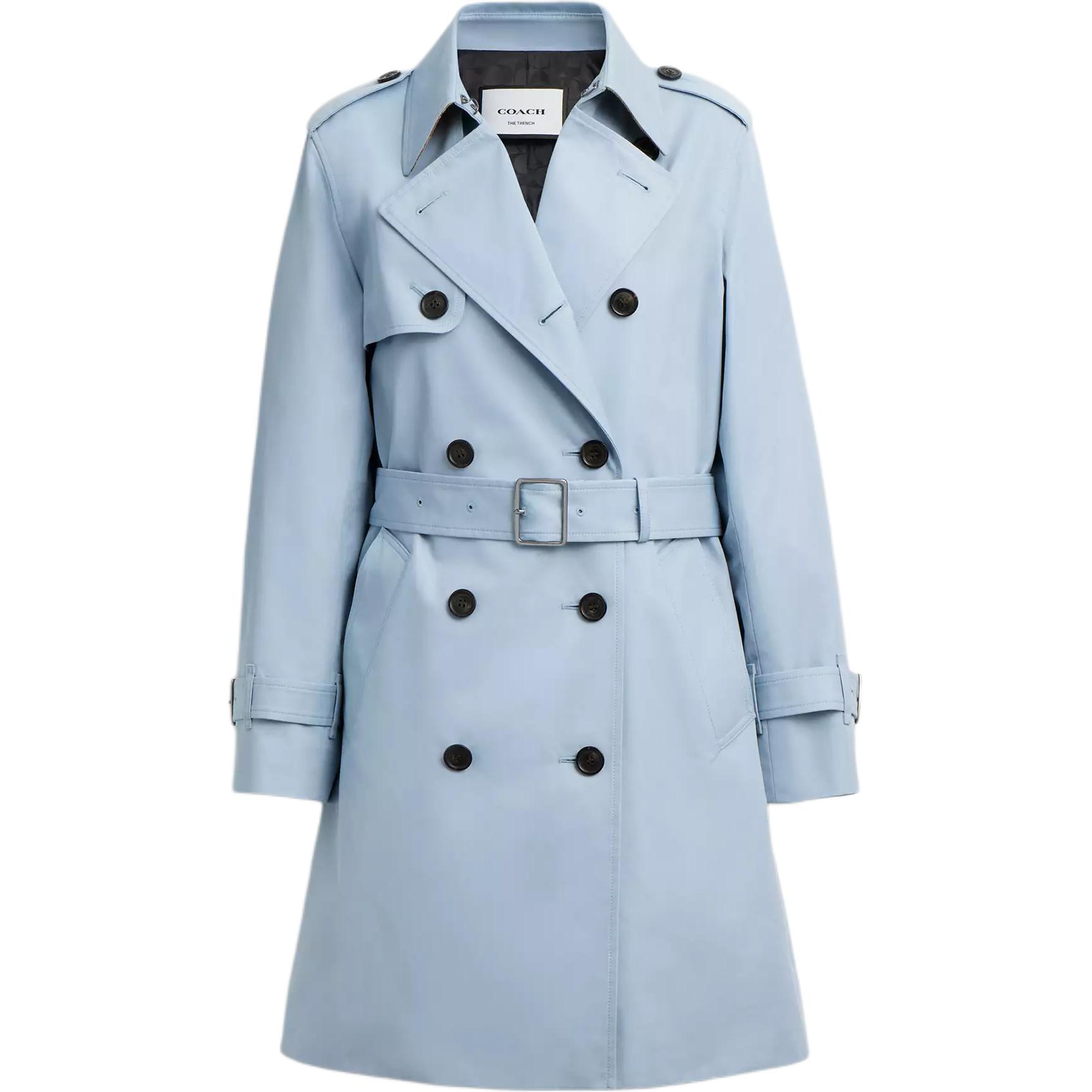 COACH Trench Coats Women's Light Blue Lapel Moderate