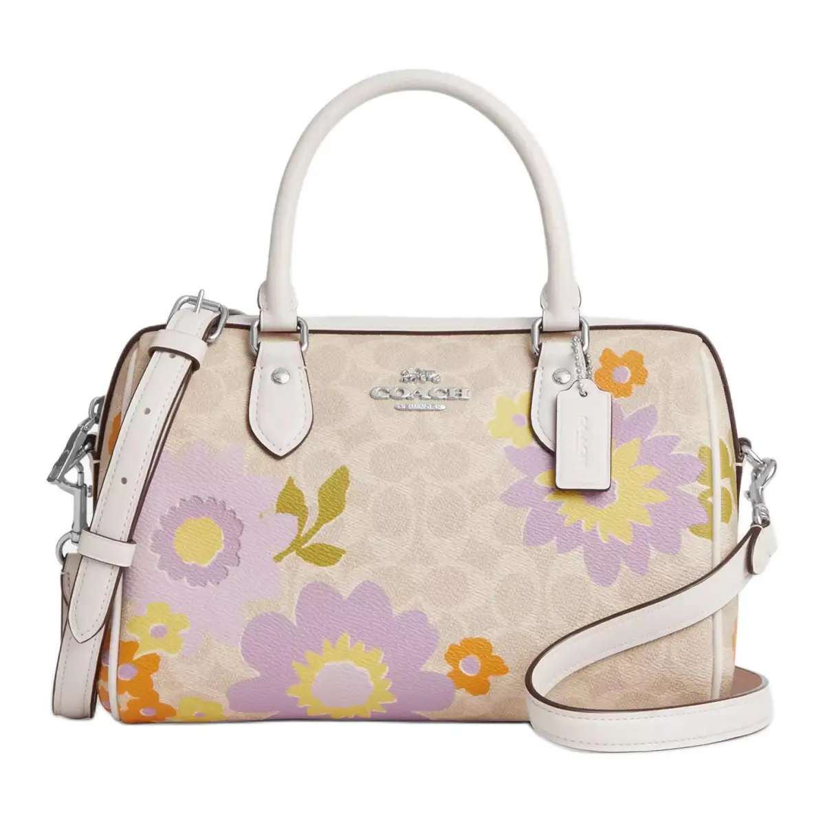 COACH Rowan Coated Canvas Boston Bag, Shoulder Bag, Crossbody Bag, Handbag Medium Women's Khaki & Purple