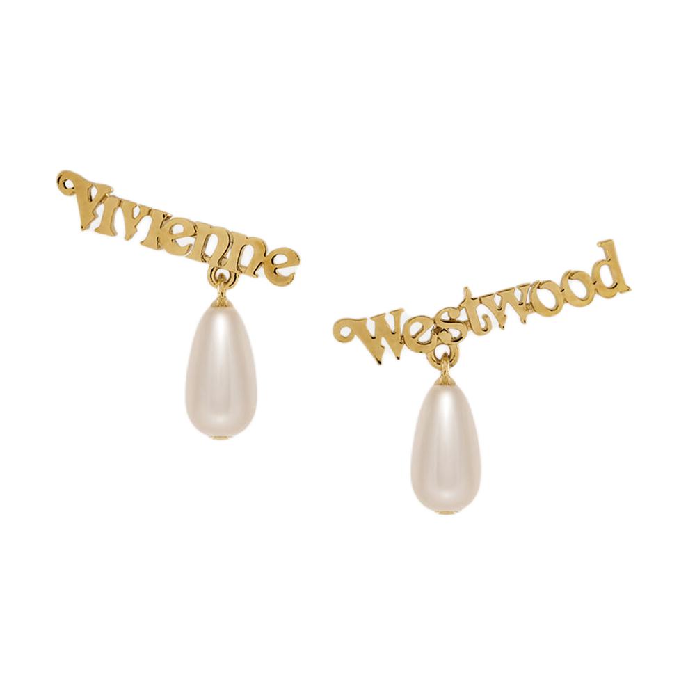 Vivienne Westwood Amelia Saturn Font Design Pearl Pendant Brass Earrings Pair Women's Gold