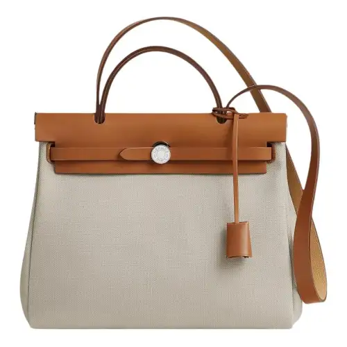HERMES Herbag Zip Canvas With Hunter Cow Leather Shoulder Bag, Crossbody Bag, Handbag 31 Unisex Orange/Beige