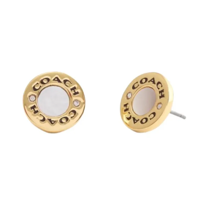 COACH Minimalist Fashion Copper Stud Earrings Women's Gold/White