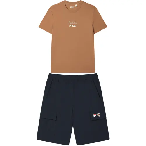 FILA Casual Sportswear Men's Clothing Sets Shatang Orange Top+Legend Blue Bottom Crew Neck Moderate
