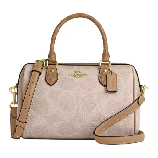 COACH Rowan Leather Boston Bag, Shoulder Bag, Crossbody Bag, Handbag Medium Women's Beige & Brown