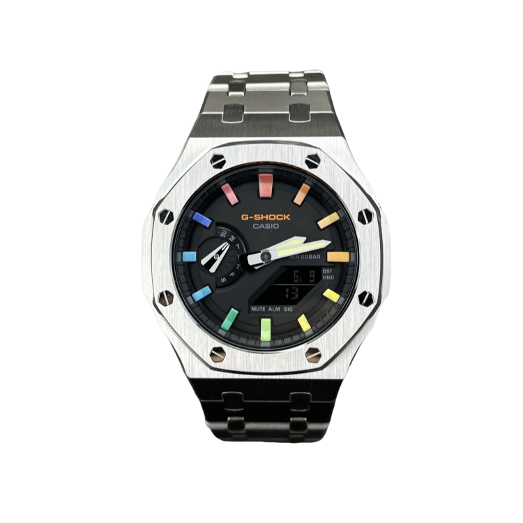 Casio, modified watch, rainbow fashionable quartz black dial for men and women, custom-made, quartz mechanism, Japanese and Korean