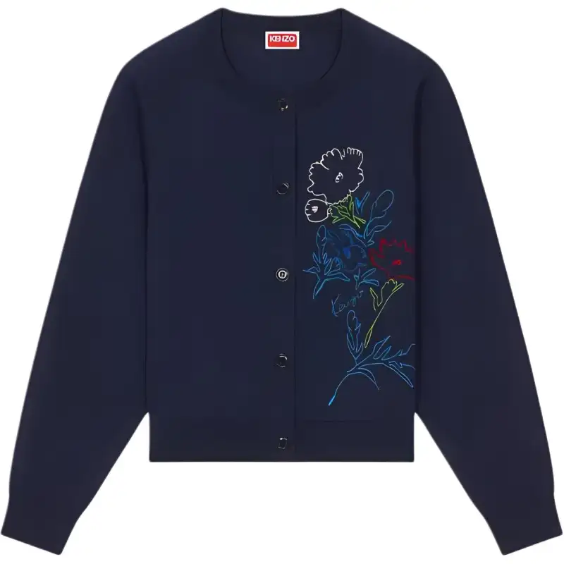 KENZO Drawn Flowers' Embroidered Cardigan Knitwear Women's Midnight Blue