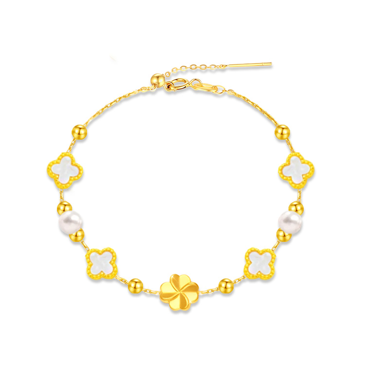 Chinese jewelry SINO GEM lucky three-leaf clover white mother-of-pearl bead chain doubles the fortune and becomes a rich woman when Mercury retrogrades the breakup and affection, elegant and versatile exquisite chain #good luck pure gold priced by the gram gold bracelet for women