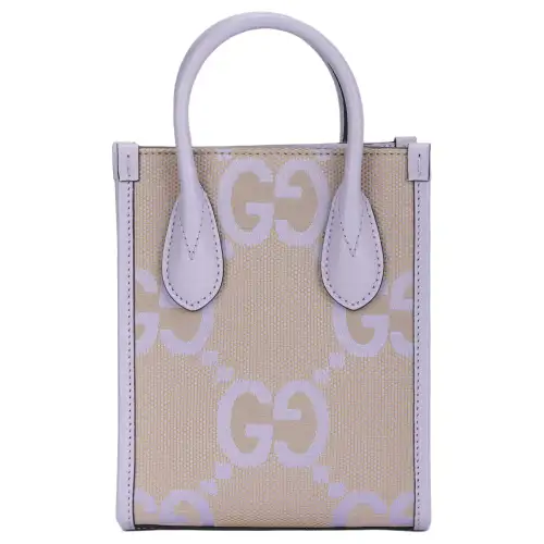 GUCCI Double G Canvas With Leather Handbag Mini Women's Beige & Light Purple