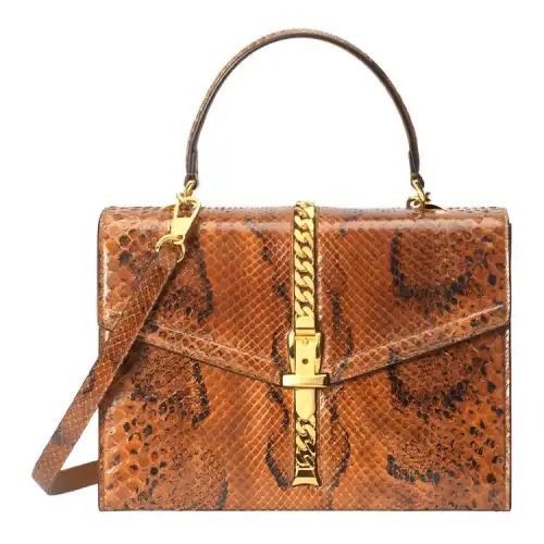 GUCCI Sylvie 1969 Gold tone Lock Python Skin Shoulder Bag, Crossbody Bag, Handbag Small Women's Brown