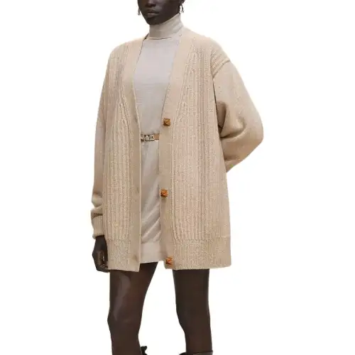 HERMES Sweaters Women's Beige V Neck Moderate Cardigan