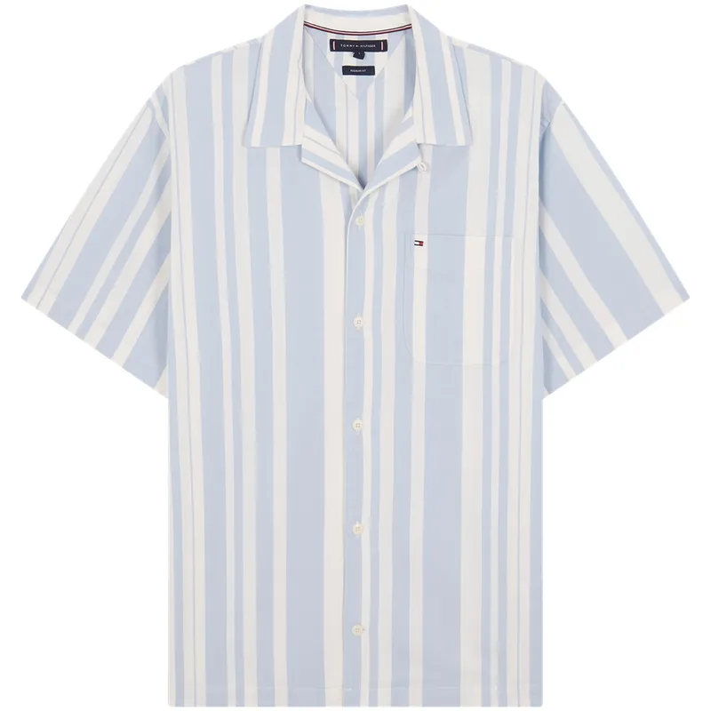 Tommy Hilfiger Shirts Men's Blue White Stripes 0A4 Cuban Collar Moderate