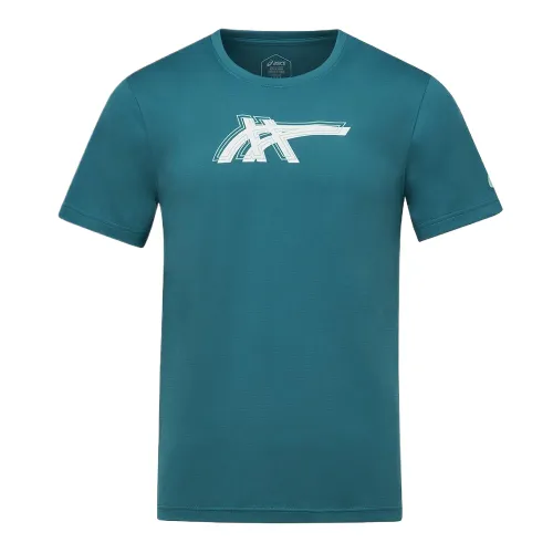 ASICS T Shirts Unisex Turquoise Crew Neck Moderate Straight Fit