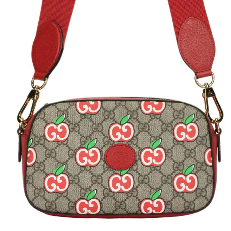 GUCCI Canvas With Leather Camera Bag, Crossbody Bag, Shoulder Bag Women's Red & Brown