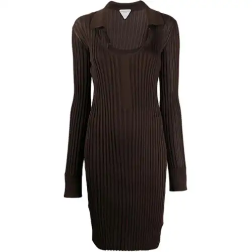 Bottega Veneta Long Sleeved Dresses Women's Coffee Lapel Moderate Short