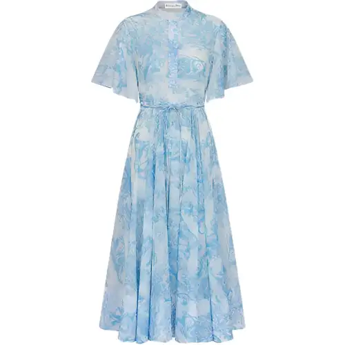 DIOR Quarterly New Products Short Sleeved Dresses Women's Blue Crew Neck Moderate Mid Length