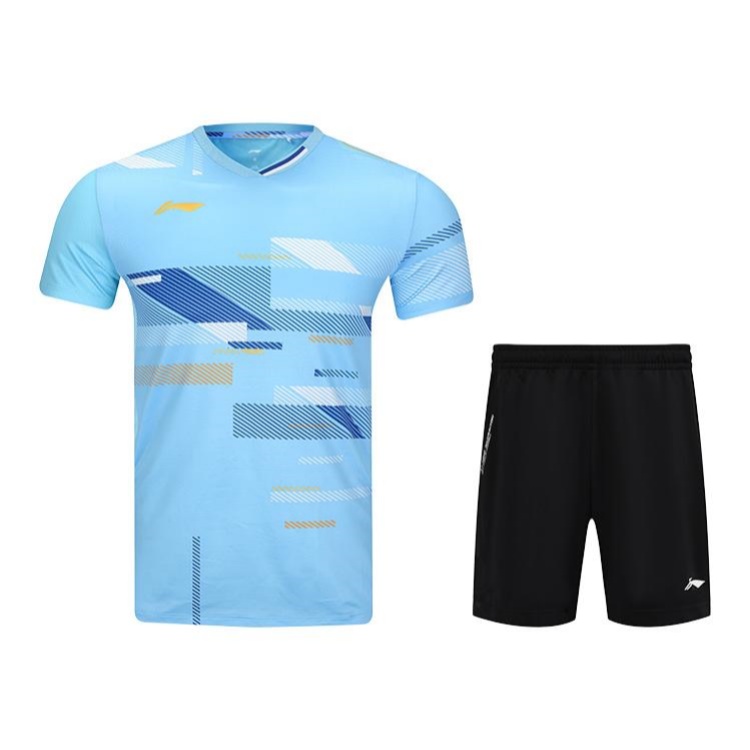 Li Ning Badminton Jerseys Unisex Clothing Sets Moon White Blue Top+Black Bottom V Neck