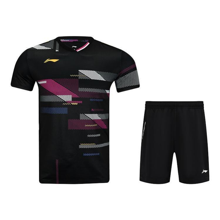 Li Ning Badminton Jerseys Men’s Set Black Top+Black Bottom V Neck
