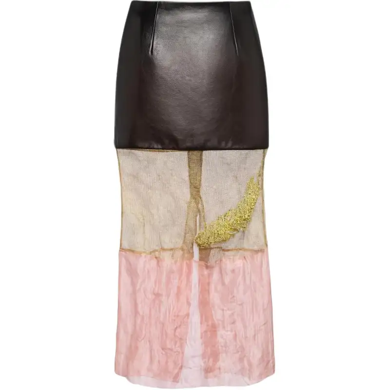 PRADA Leather Long Skirts Women's Black Pink Moderate Mid Length Other