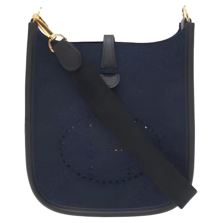 HERMES Hermès Evelyne 16 brand hollow letters detachable shoulder strap gold buckle Sangle Wool leather and wool crossbody bag mini unisex blue