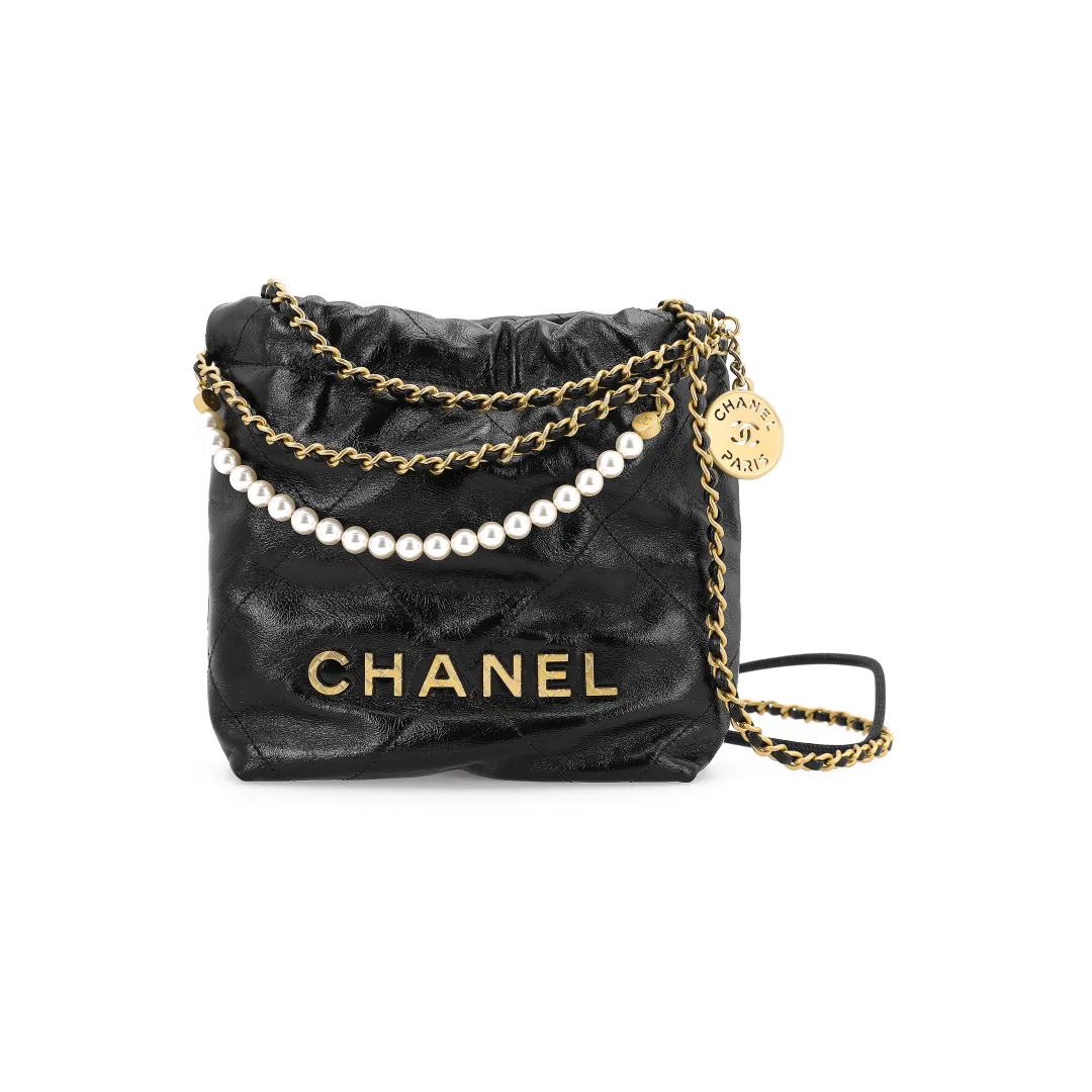 CHANEL Bright Pleated Calfskin With Crystal Pearl And Gold Toned Metal Bucket Bag, Shoulder Bag, Crossbody Bag Mini
