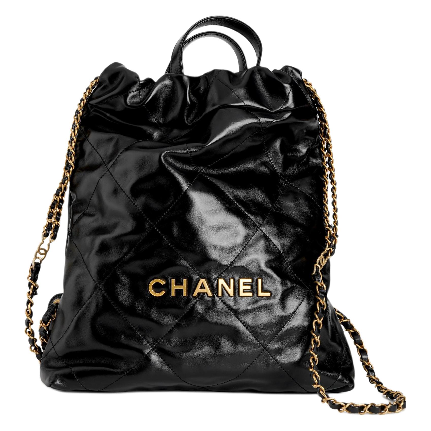 CHANEL 22Bag Shiny Calfskin & Gold Metal Backpack Women's Black