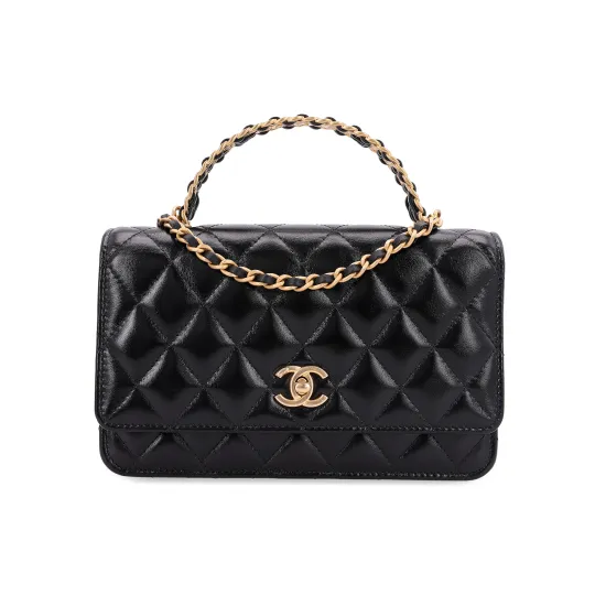 CHANEL Cow Leather Wallet On Chain Wallet Handbag Women's Black