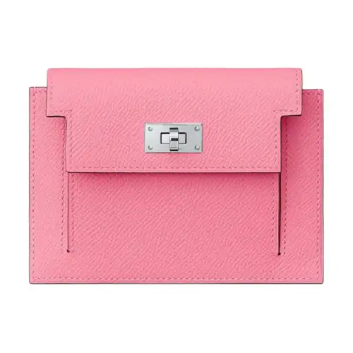HERMES Kelly Pocket Silver Tone Buckle Cow Leather Wallet Women's Candy Pink