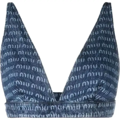 MIU MIU Allover Logo Printed Cropped Denim Top