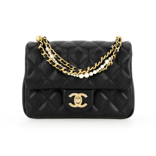 CHANEL Sheepskin Material Vintage Gold Chain Flap Bag, Shoulder Bag, Crossbody Bag Mini Women's Black