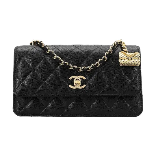CHANEL WOC Litchi Grain Cow Leather Clutch Chain Bag Coin Purse Wallet Large Women's Black