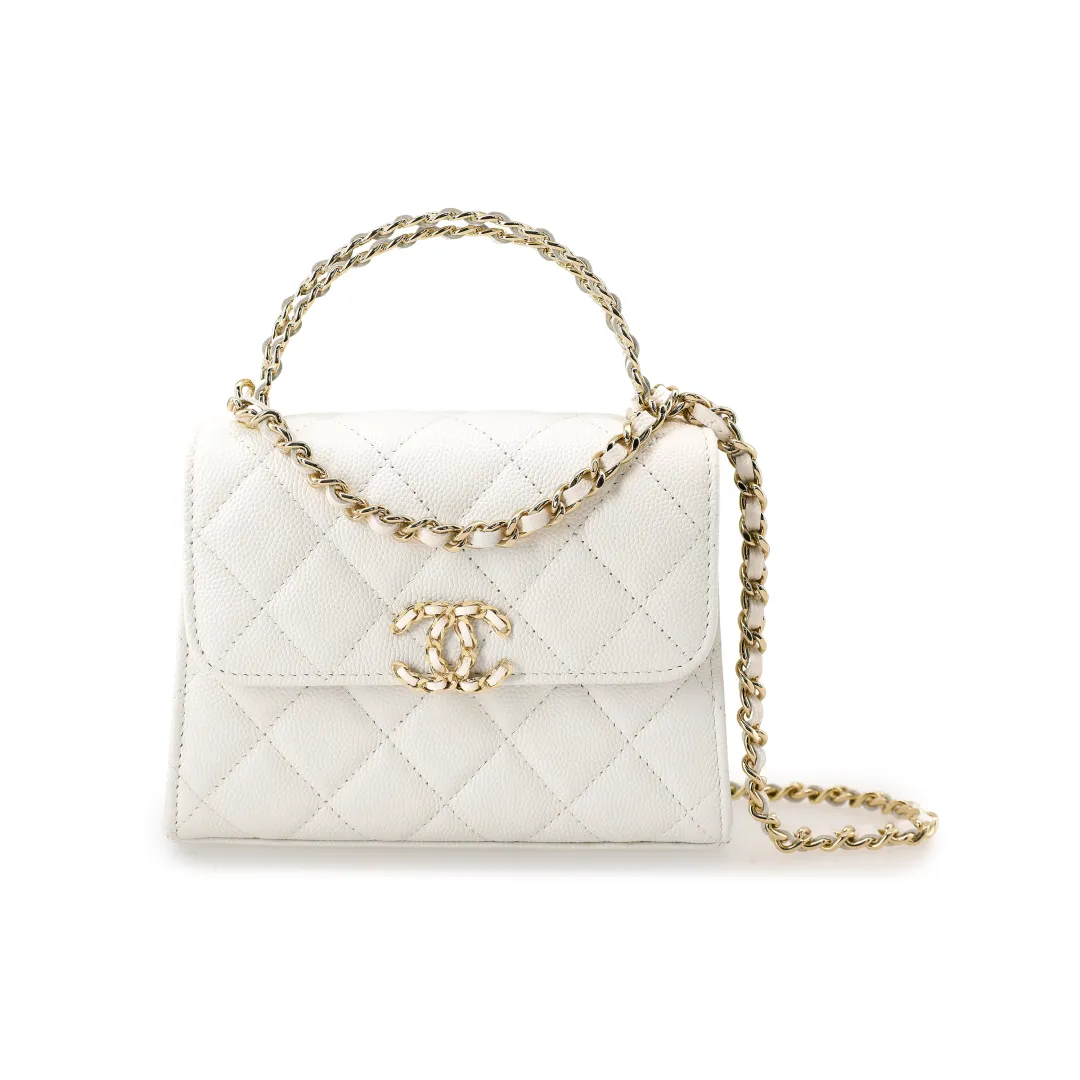 CHANEL 23P SS Bright Grain Calfskin Gold Metal Flap Bag, Clutch, Shoulder Bag, Crossbody Bag, Handbag Women's White