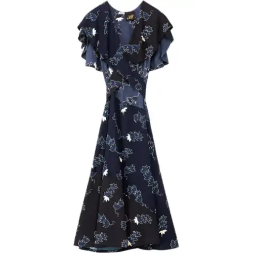 LOEWE Short Sleeved Dresses Women's Blue V Neck Moderate Mid Length