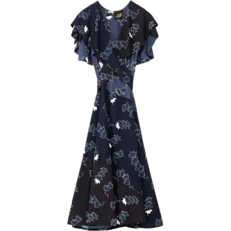 LOEWE Short Sleeved Dresses Women's Blue V Neck Moderate Mid Length