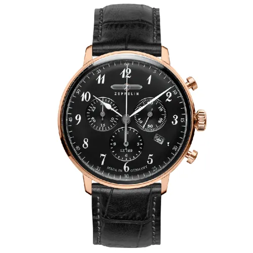 ZEPPELIN Quartz calendar, speedometer, men's watch, black dial, case stainless steel, watch strap, quartz mechanism, 40mm
