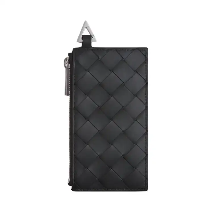 Bottega Veneta Intrecciato Zip Closure Cow Leather Card Holder Men's Black