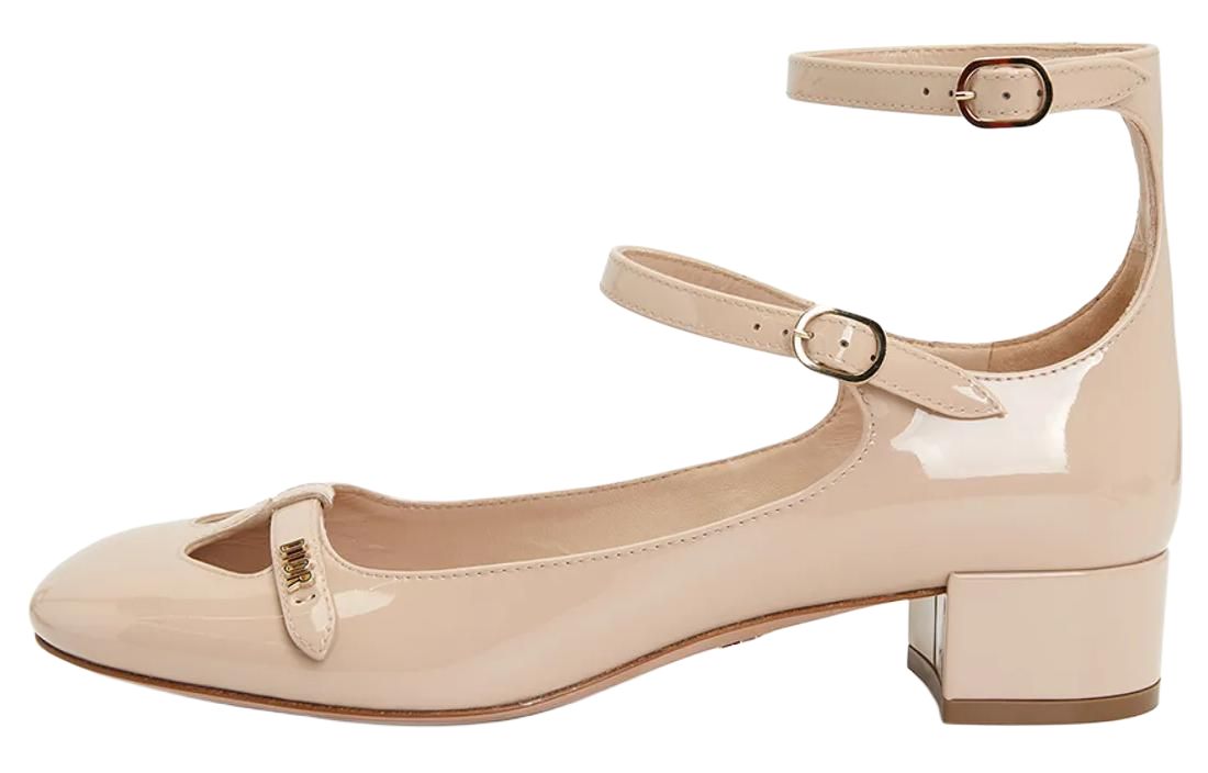 DIOR Диор Эм Диор лаковая кожа эмблема стандартный ездить с застежкой широкий каблук на высоком каблуке обувь женский Нюдовый цвет