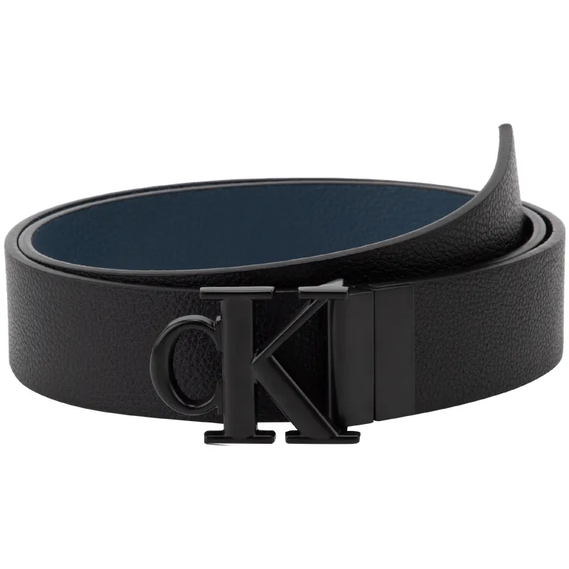 CALVIN KLEIN Calfskin, Leather Blend Leather Belts Men's Black/Ocean Blue Width 3.5cm