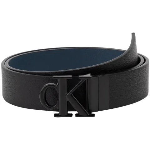 CALVIN KLEIN Calfskin, Leather Blend Leather Belts Men's Black/Ocean Blue Width 3.5cm